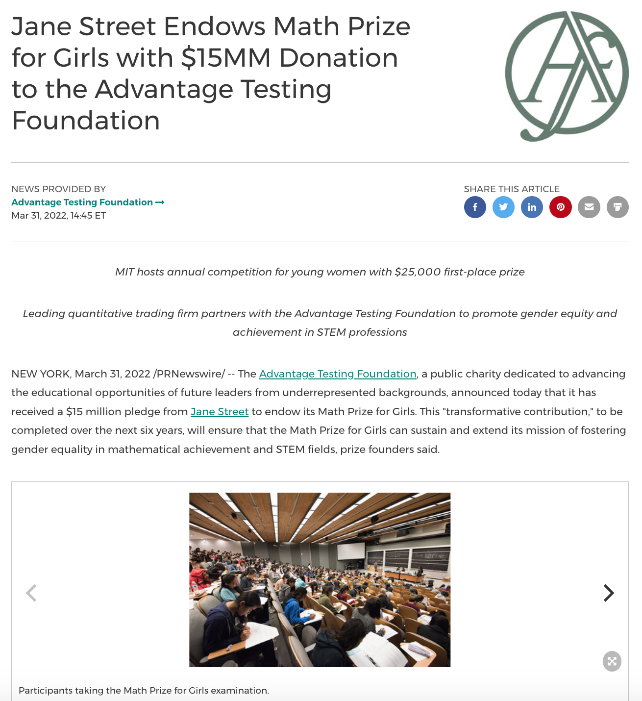 Jane Street endows Math Prize for Girls with $15MM donation to the Advantage Testing Foundation